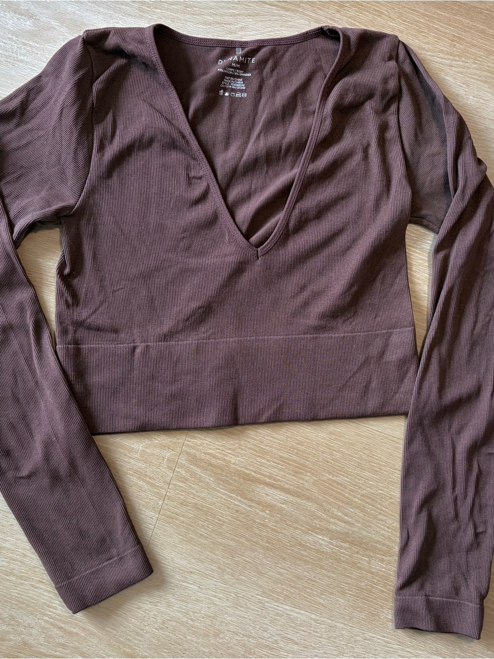 Dynamite Deep V Long Sleeve Ribbed Crop Top - dusty rose
